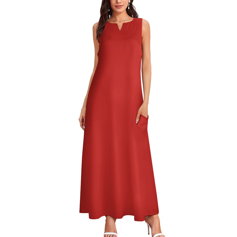 R_RH Red Sleeveless Long Dress With Pockets