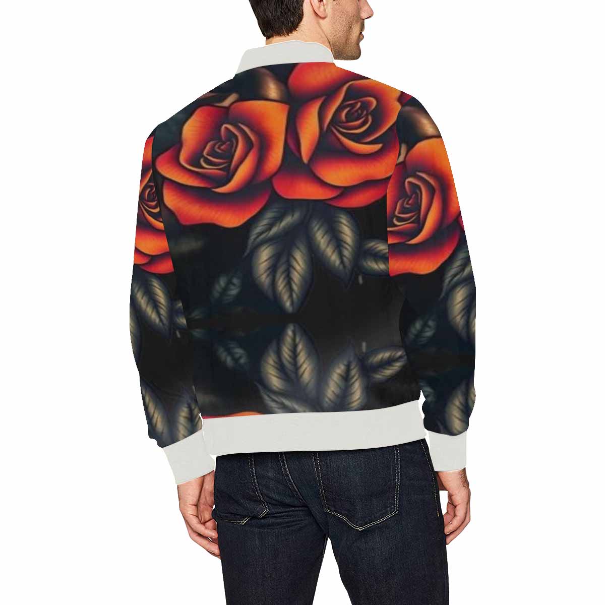 R&RH Burndt Orange Roses Mens Bomber Black Jacket with White Trim