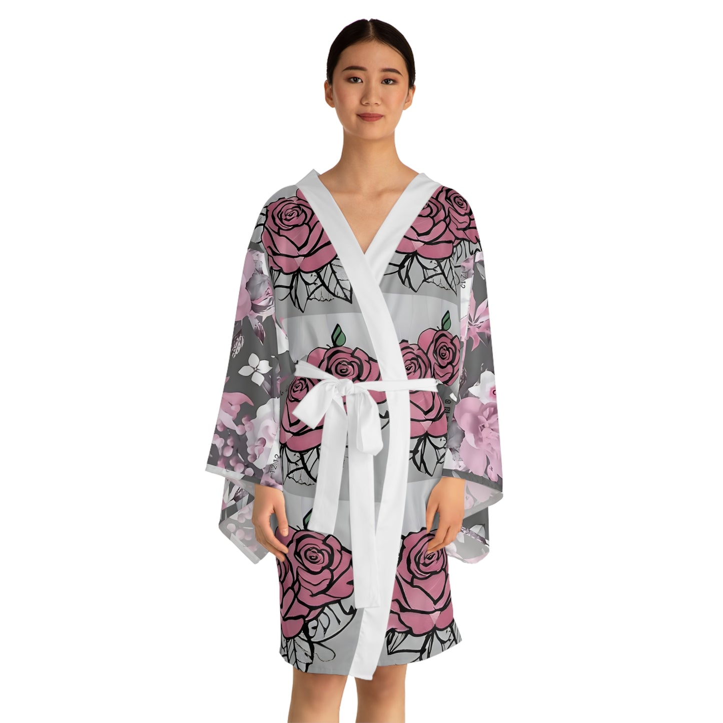 R&RH Pink Floral Kimono Womens Robe - Elegant Long Sleeve Loungewear for Relaxation or Special Occasions