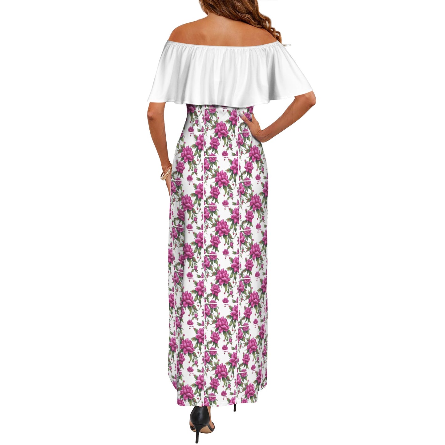 R&RH Women's Off Shoulder Fushia Flower Dress