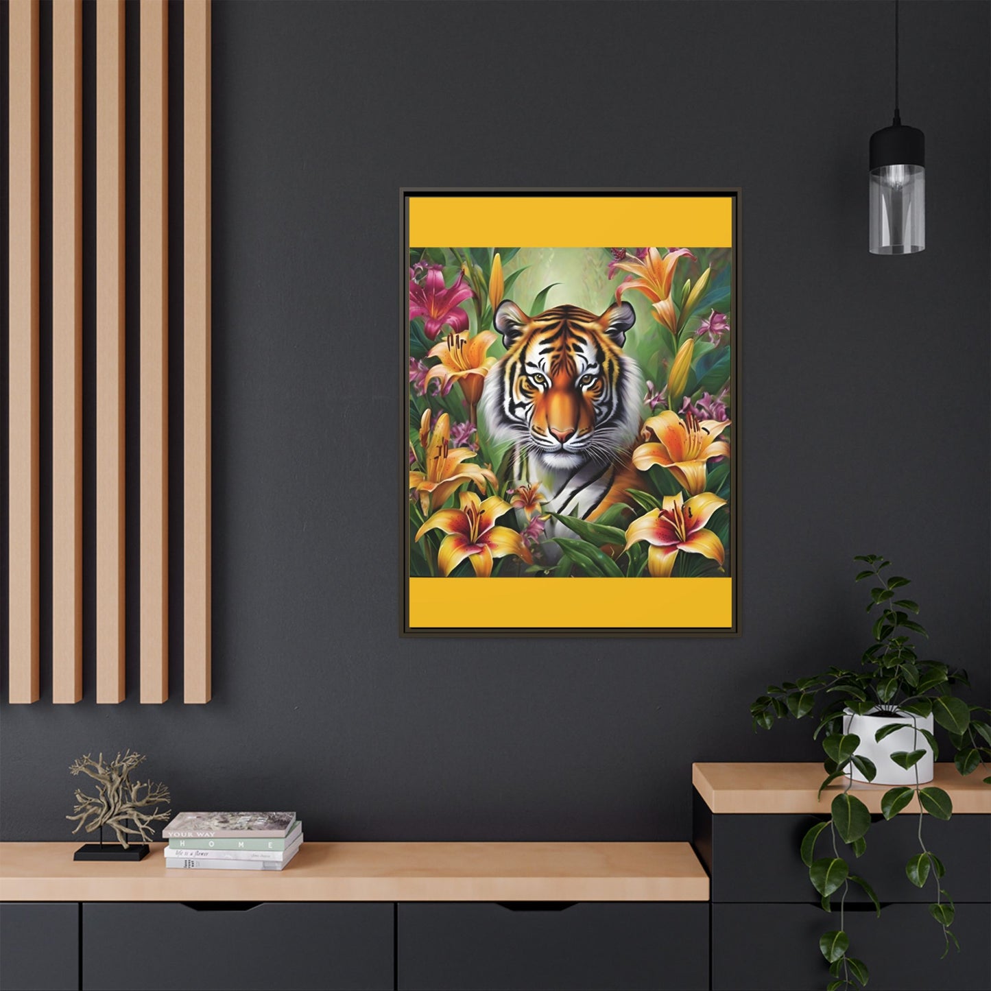 Majestic Tiger Framed Matte Canvas Art - Vibrant Floral Decor