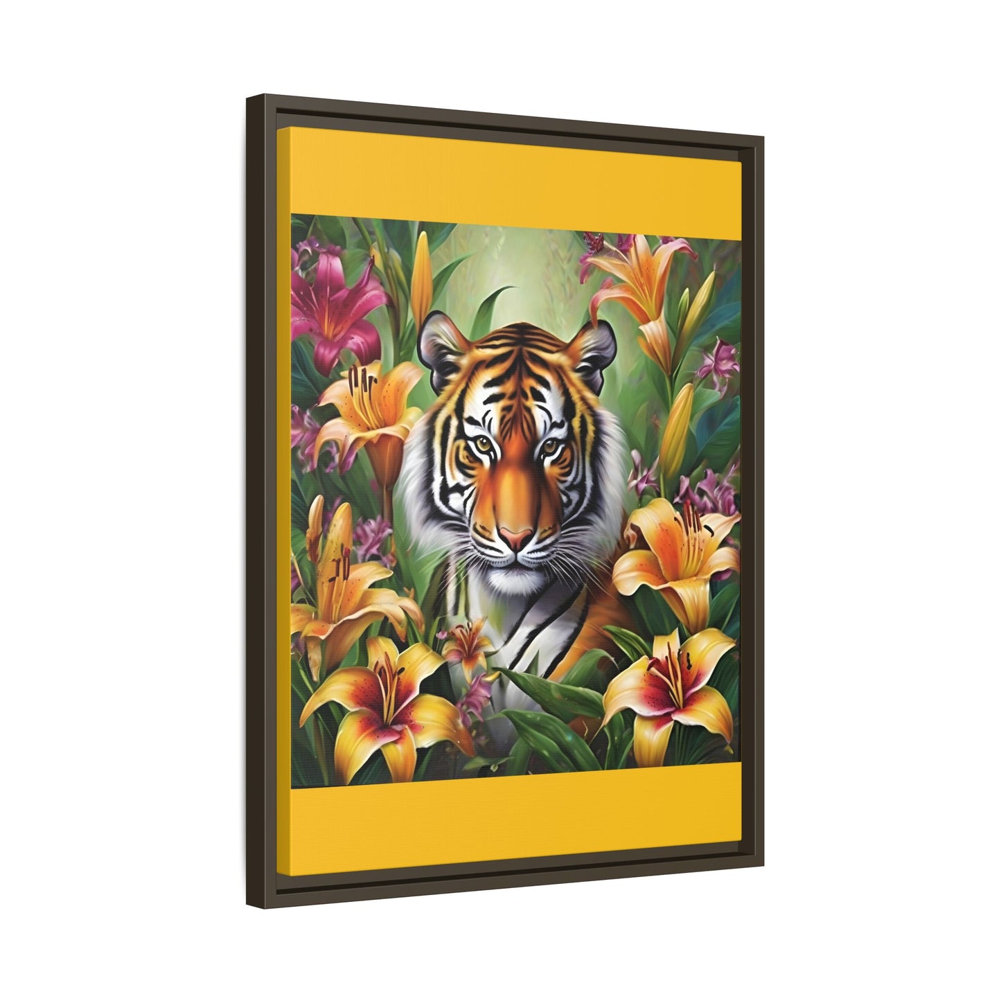 Majestic Tiger Framed Matte Canvas Art - Vibrant Floral Decor