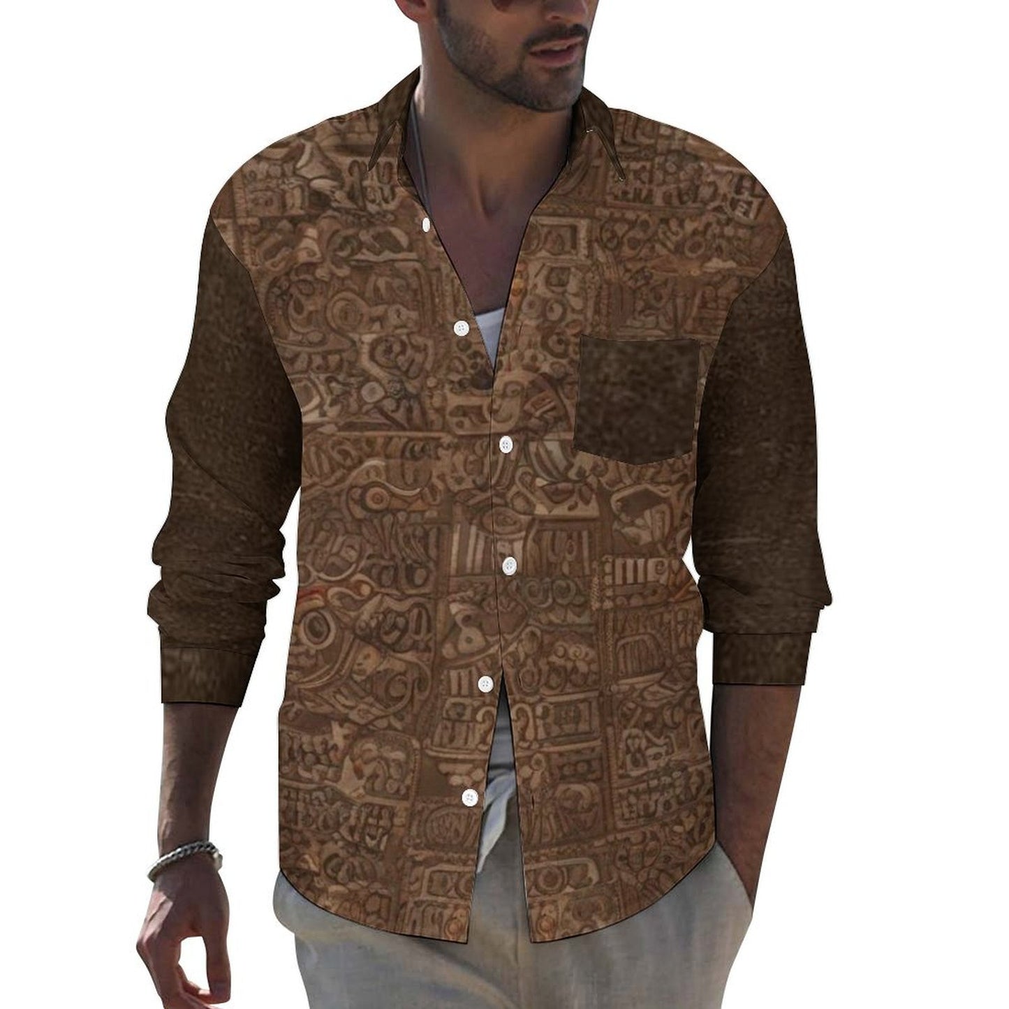 R&RH Brown Designer Men's Long-sleeved Shirt with Pocket