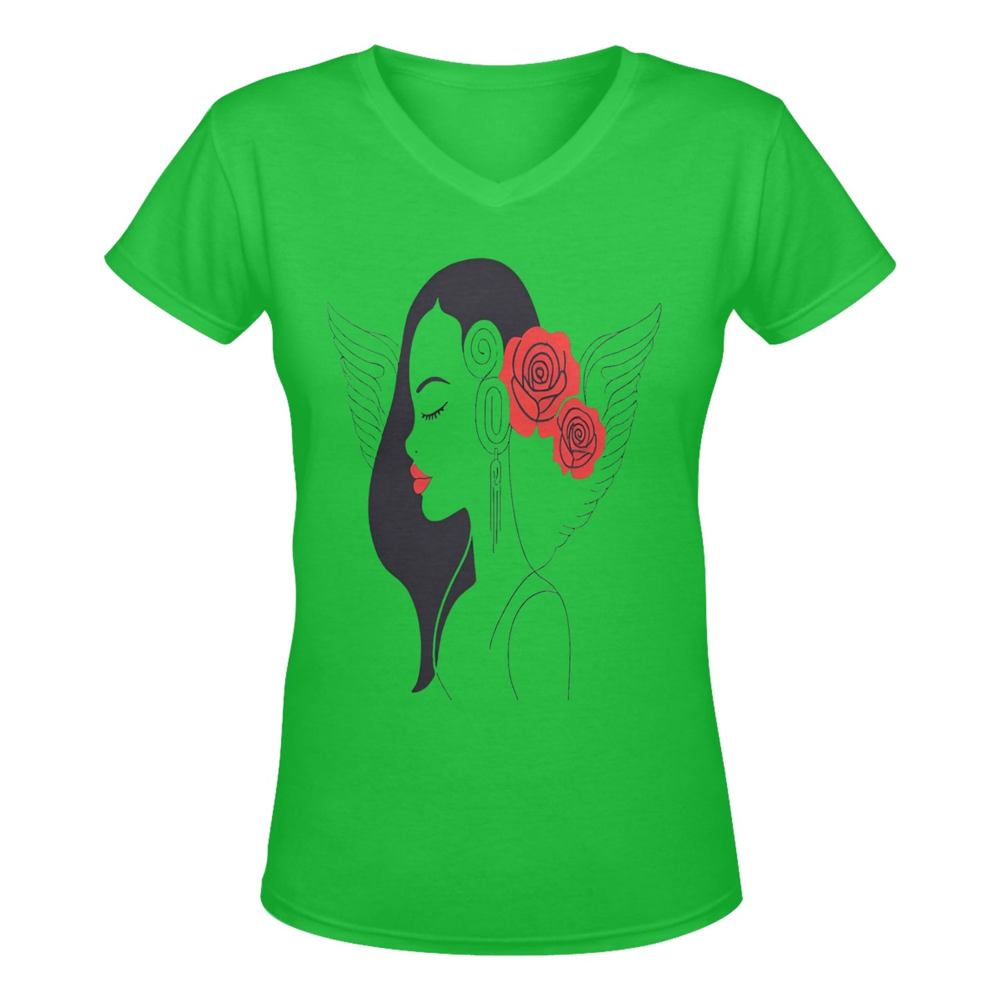 R&RH Woman Rose Womens Green Designer Deep V-neck T-shirt