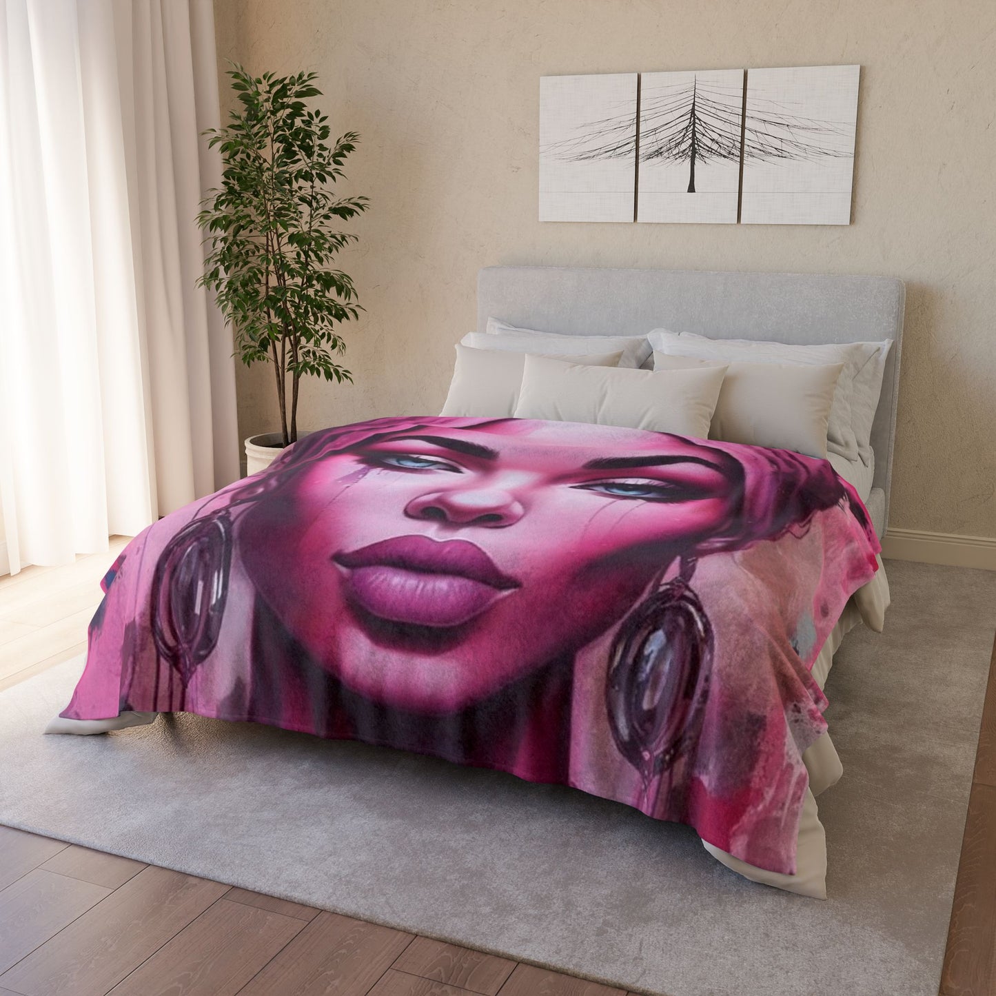 R&RH "Her Eyes" Vibrant Abstract Art Blanket - Pink Female Portrait for Cozy Comfort