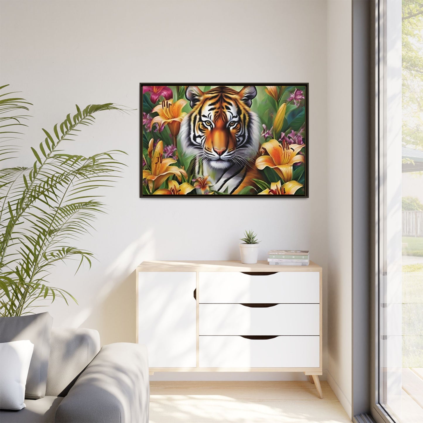 Majestic Tiger Framed Matte Canvas Art - Vibrant Floral Decor