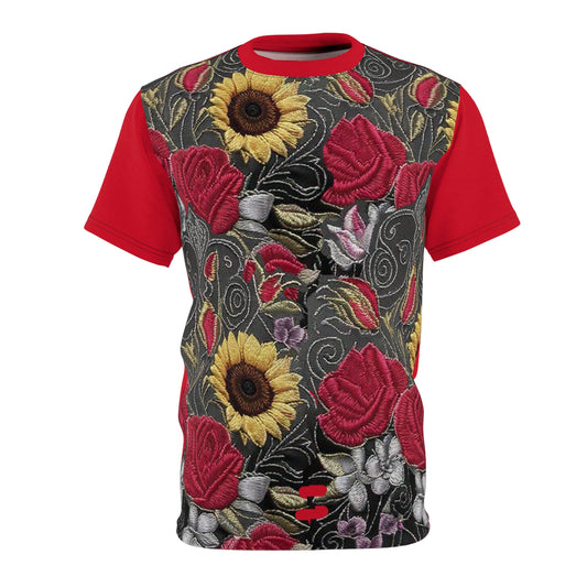 R&RH Vibrant Floral Unisex Womens Red T-shirt - Perfect for Summer Celebrations