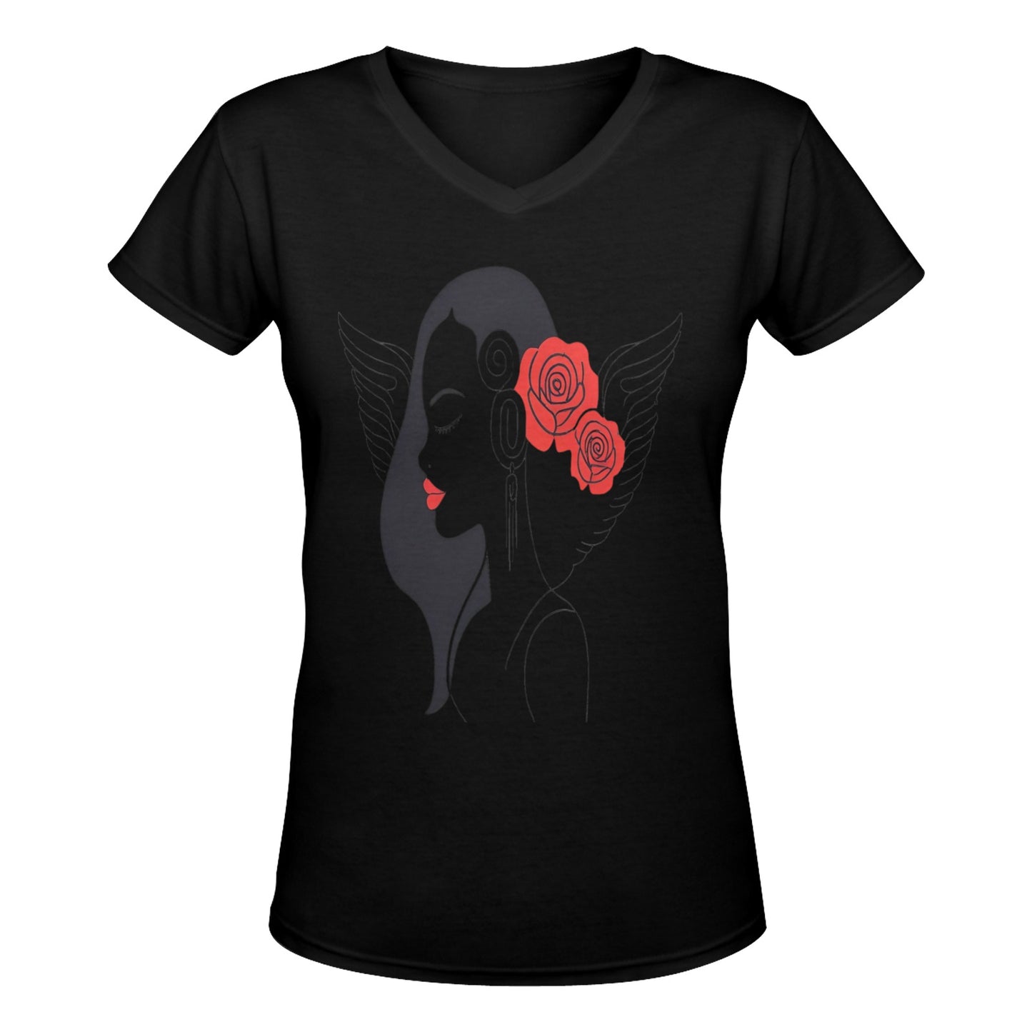 R&RH Woman Rose Womens Black Designer Deep V-neck T-shirt