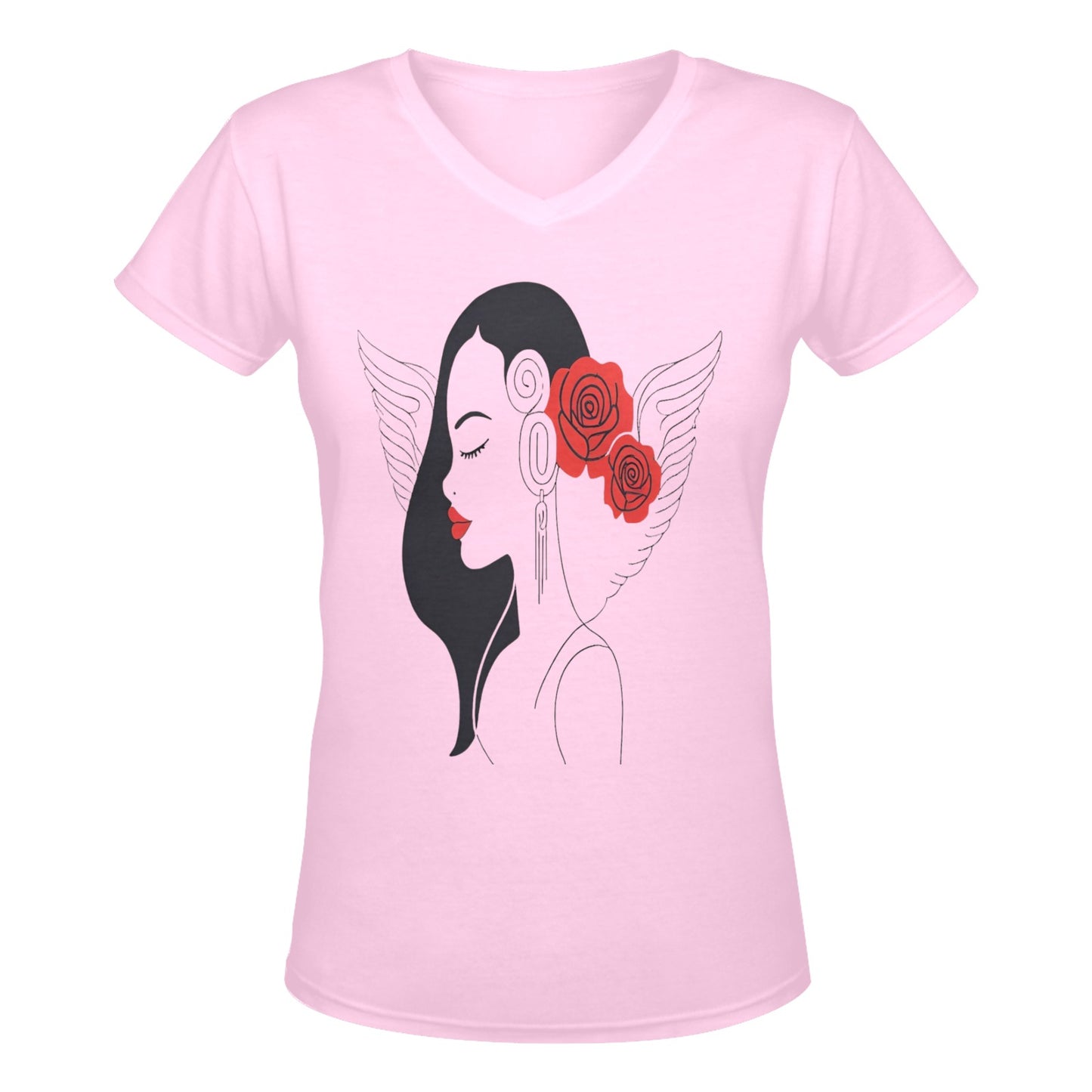 R&RH Woman Rose Womens Pink Designer Deep V-neck T-shirt