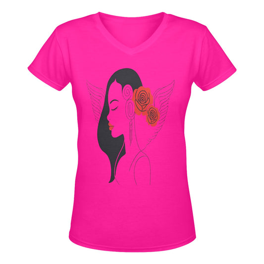 R&RH Woman Rose Womens Fuchsia Pink Designer Deep V-neck T-shirt