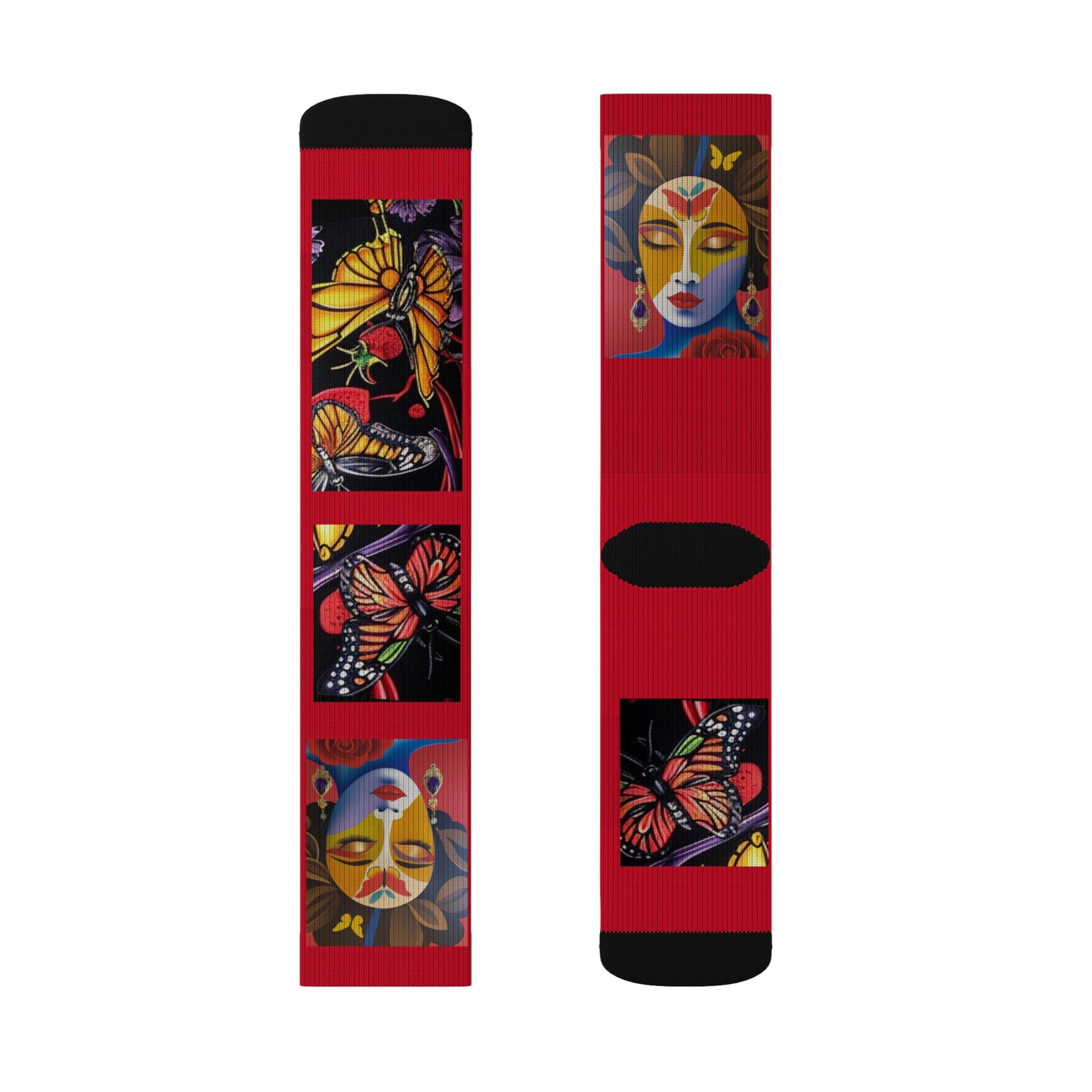 R&RH Red Vibrant Butterfly Artwork Socks – Colorful Sublimation Design for Stylish Comfort