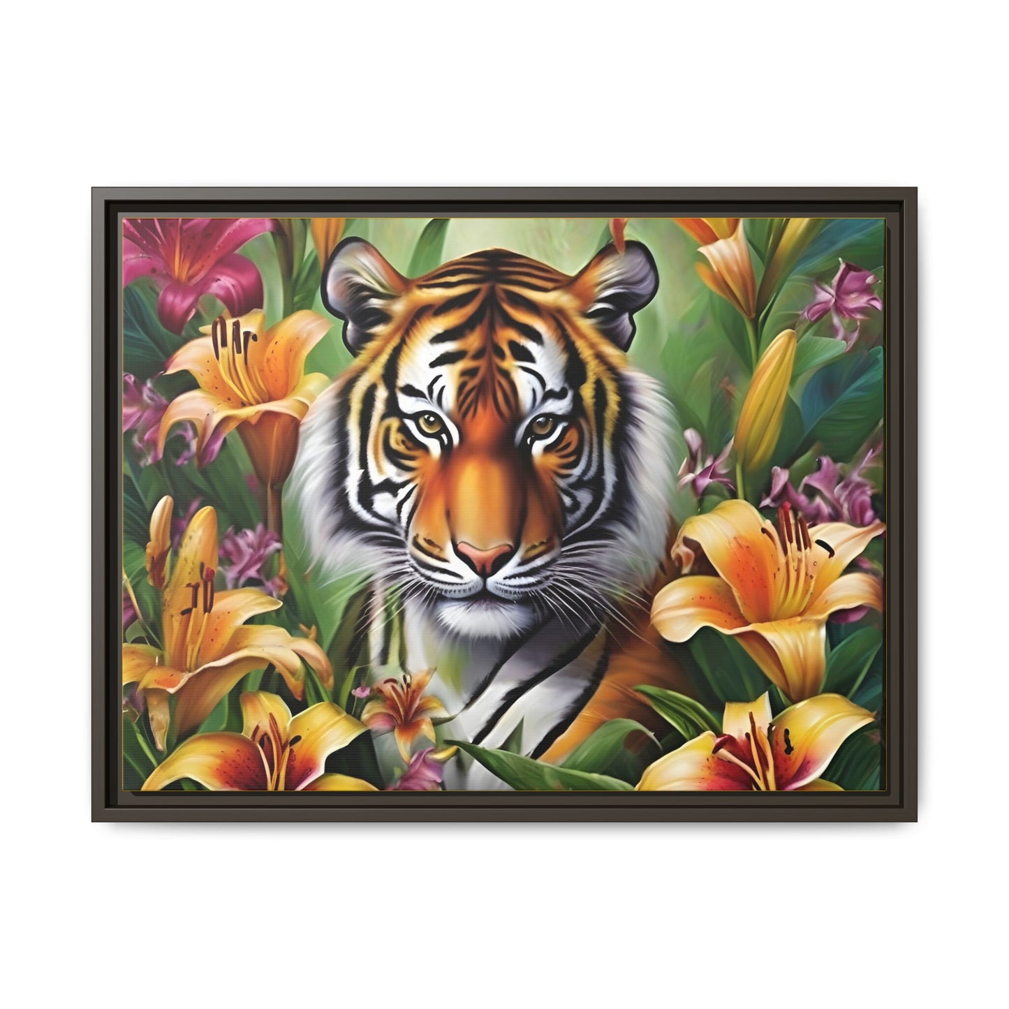 Majestic Tiger Framed Matte Canvas Art - Vibrant Floral Decor