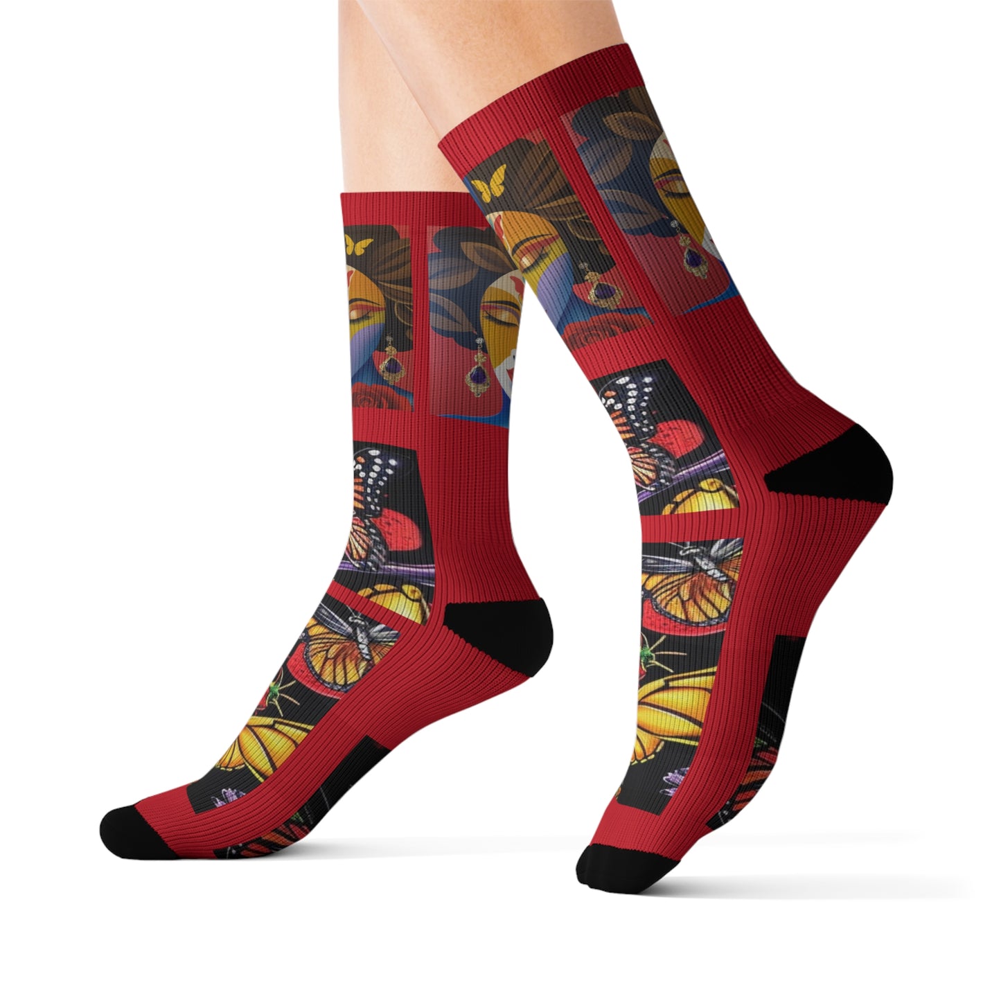 R&RH Red Vibrant Butterfly Artwork Socks – Colorful Sublimation Design for Stylish Comfort