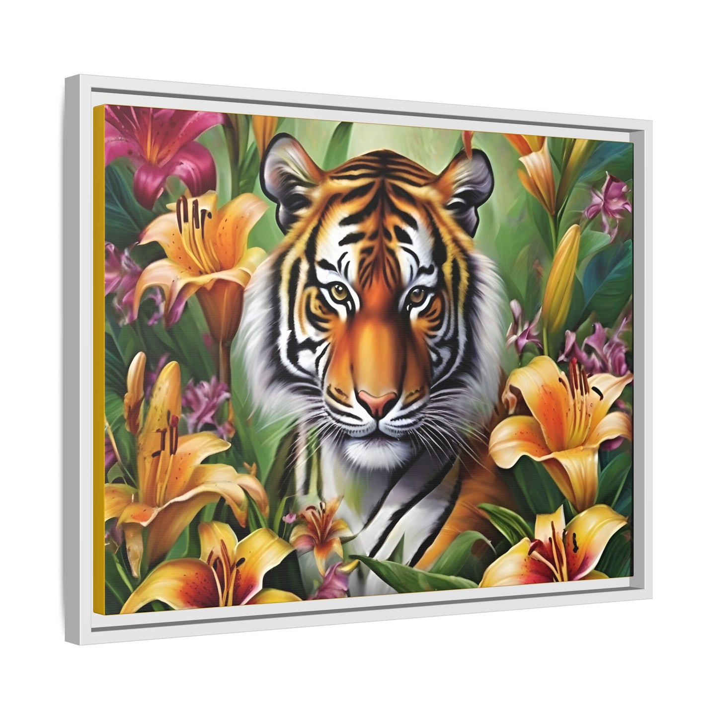 Majestic Tiger Framed Matte Canvas Art - Vibrant Floral Decor