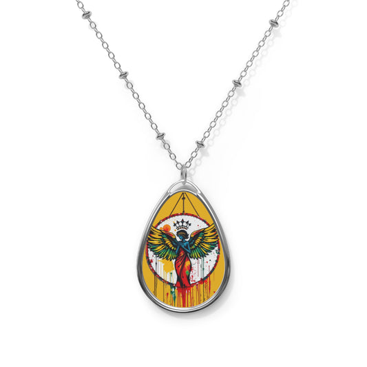 R&RH Artistic Mustard Yellow Oval Necklace – Colorful Winged Guardian Pendant