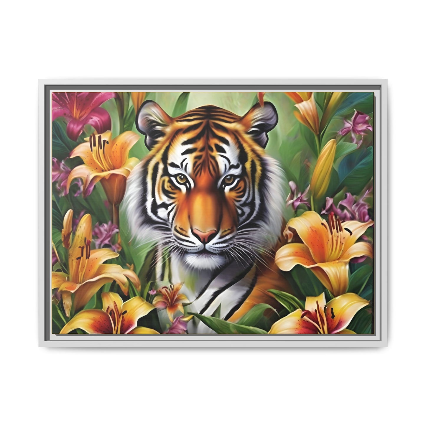 Majestic Tiger Framed Matte Canvas Art - Vibrant Floral Decor