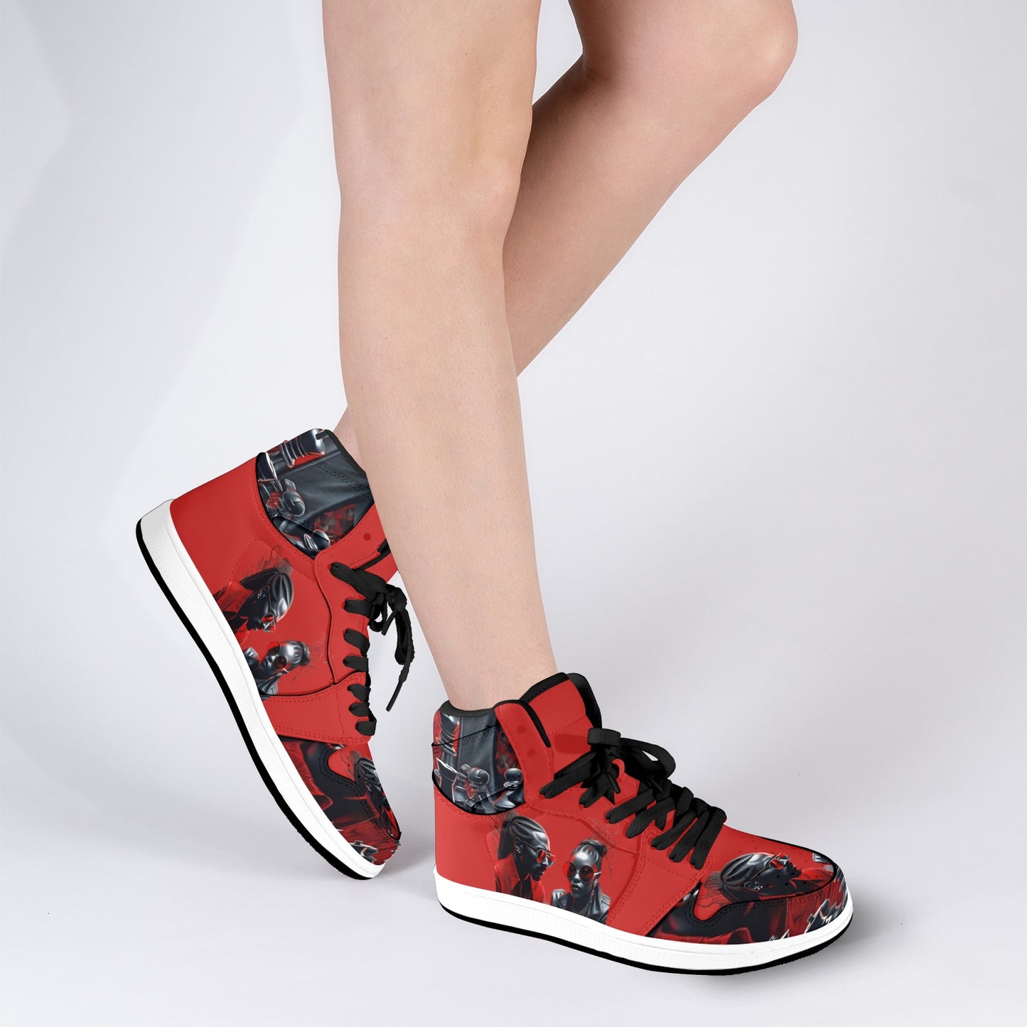 R&RH Chess Game Women's High Top Black and Red Sneakers