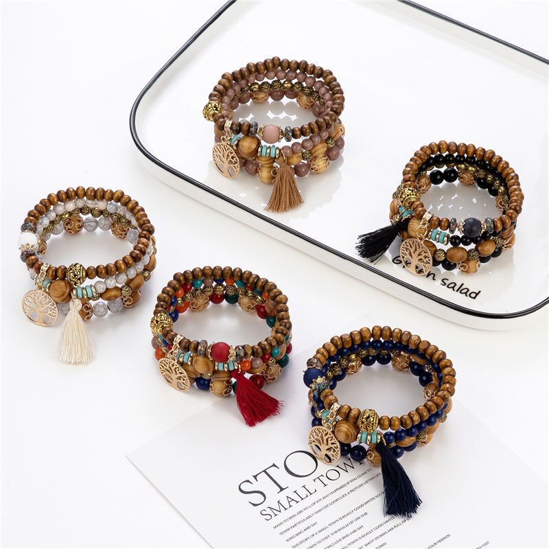 4Pcs Bohemia Tree Of Life Charm Beaded Bracelet Set For Women Handmade Wood Bead