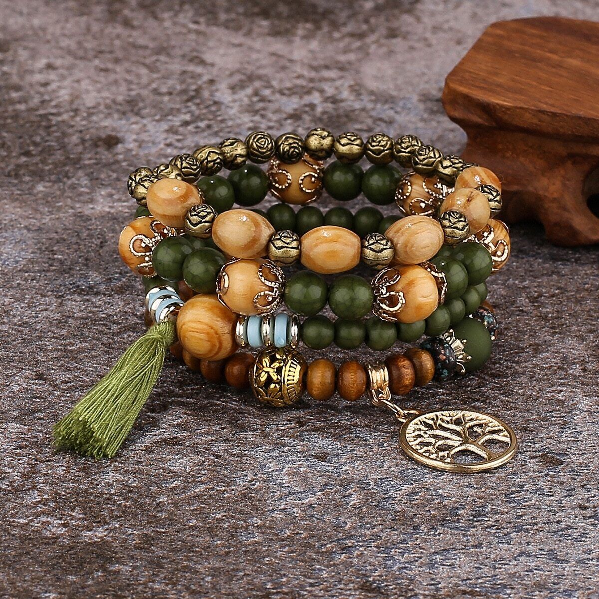 4Pcs Bohemia Tree Of Life Charm Beaded Bracelet Set For Women Handmade Wood Bead