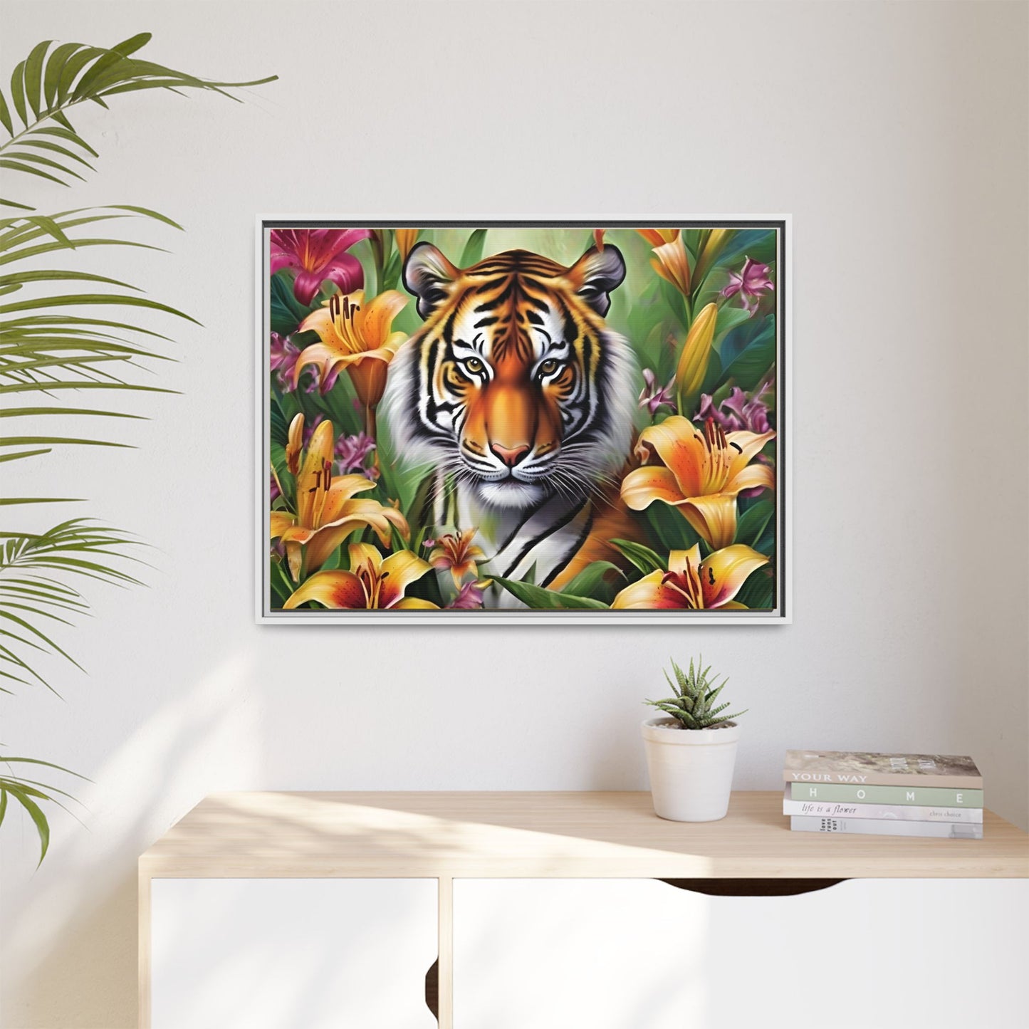 Majestic Tiger Framed Matte Canvas Art - Vibrant Floral Decor