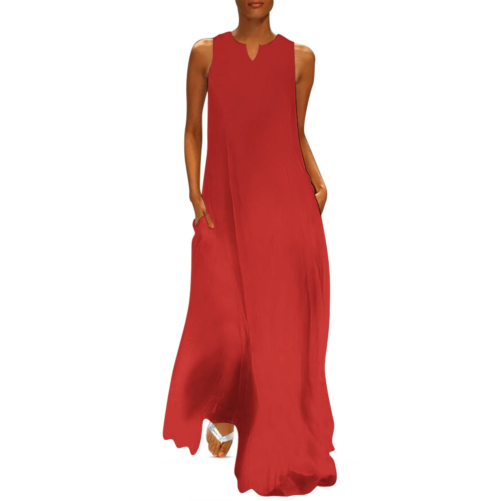 R_RH Red Sleeveless Long Dress With Pockets