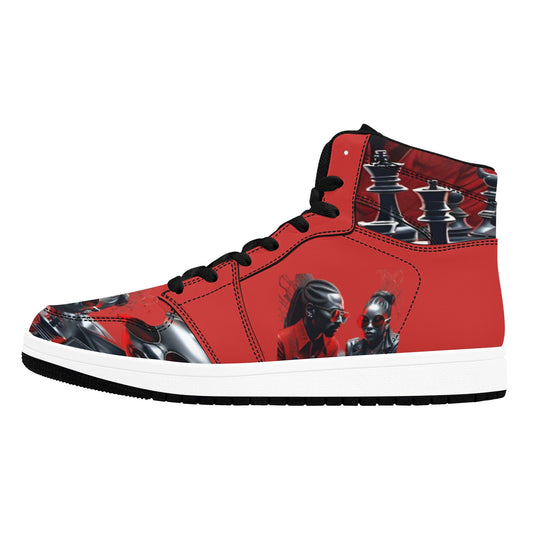 R&RH Chess Game Women's High Top Black and Red Sneakers