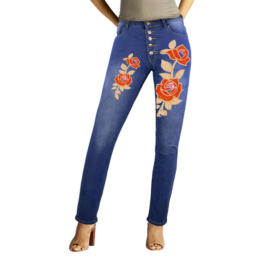 R&RH Womens Orange Rose Button Front Jeans Women's Jeans