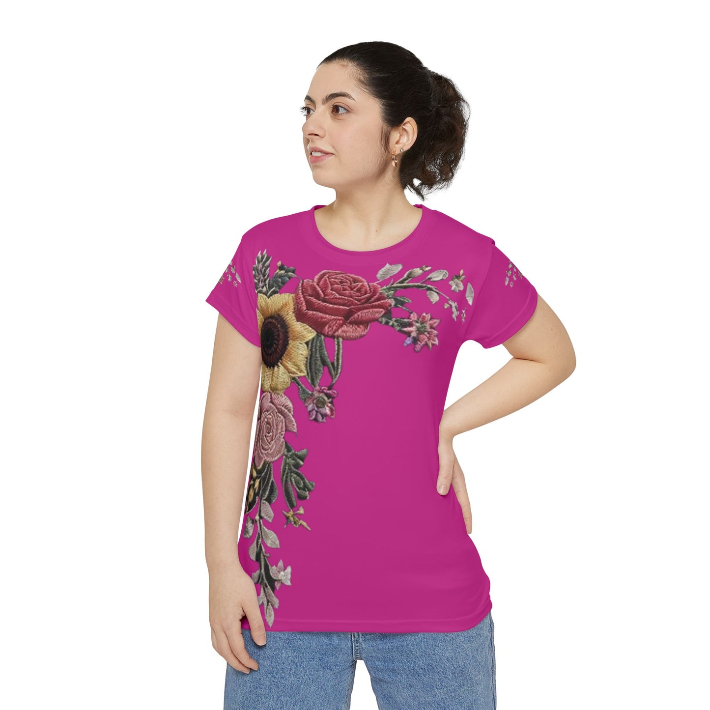 R&RH Floral Embroidered Women's Short Sleeve Shirt - Vibrant Pink All Occasion Top