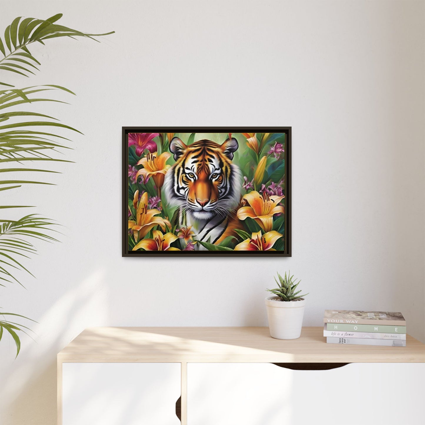 Majestic Tiger Framed Matte Canvas Art - Vibrant Floral Decor