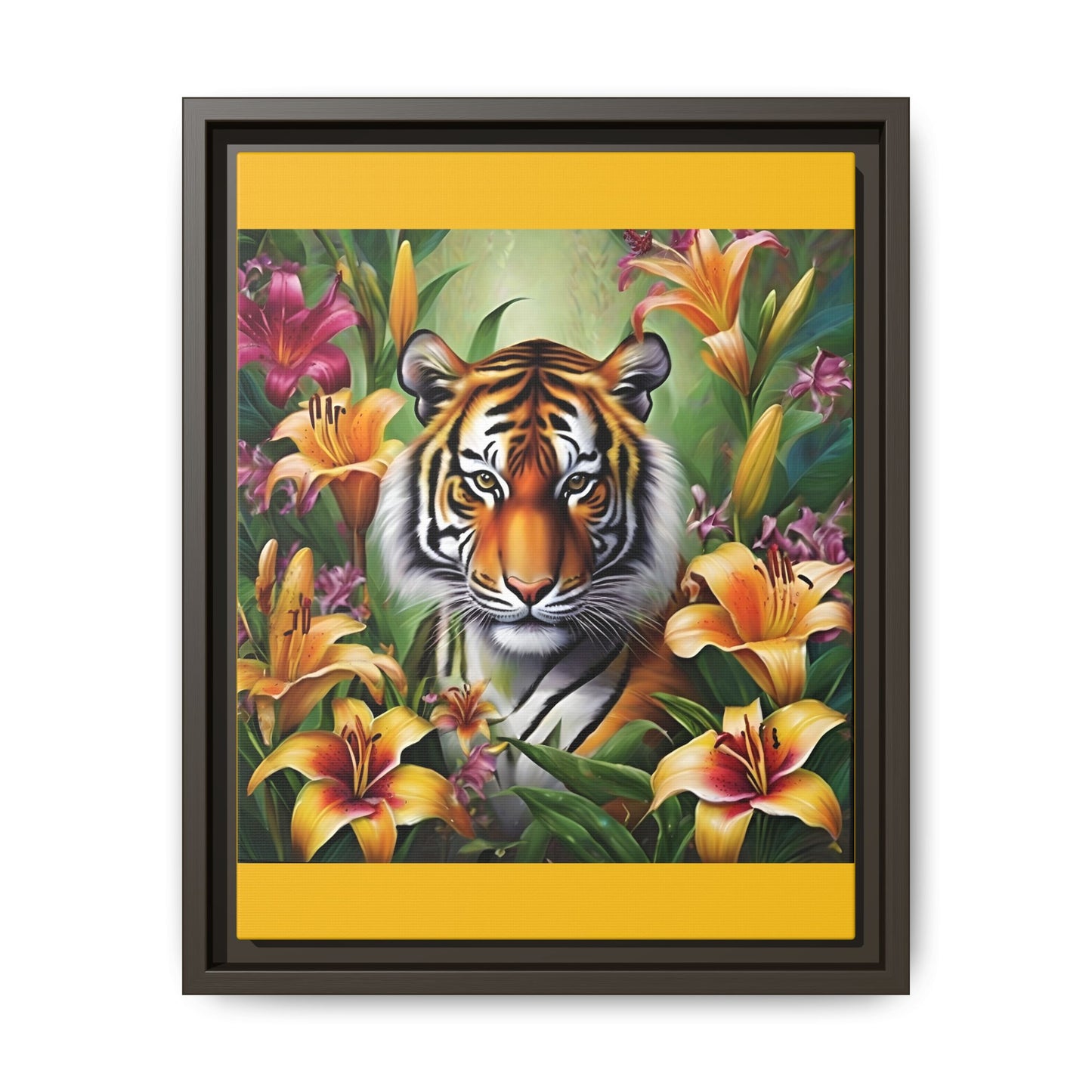 Majestic Tiger Framed Matte Canvas Art - Vibrant Floral Decor