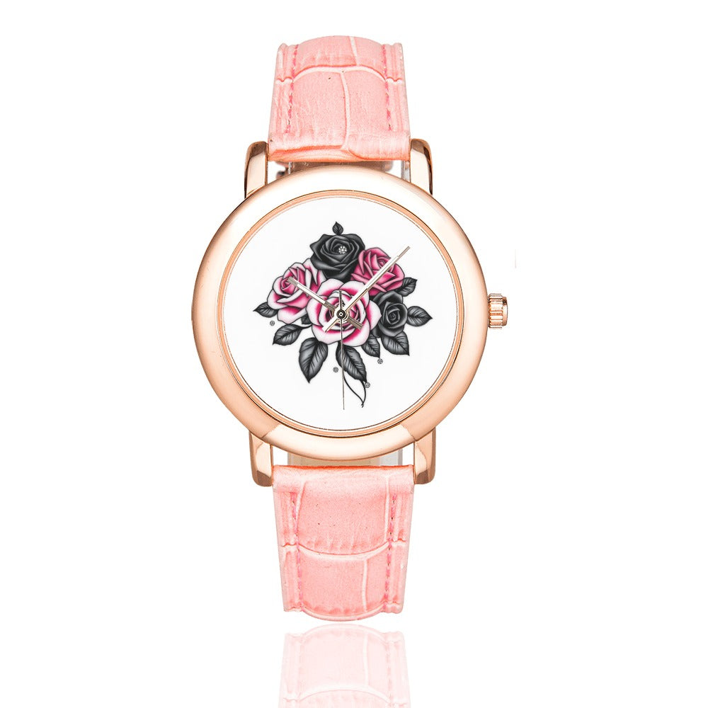 R&RH Pink Roses Womens Rose Gold Leather Strap Watch