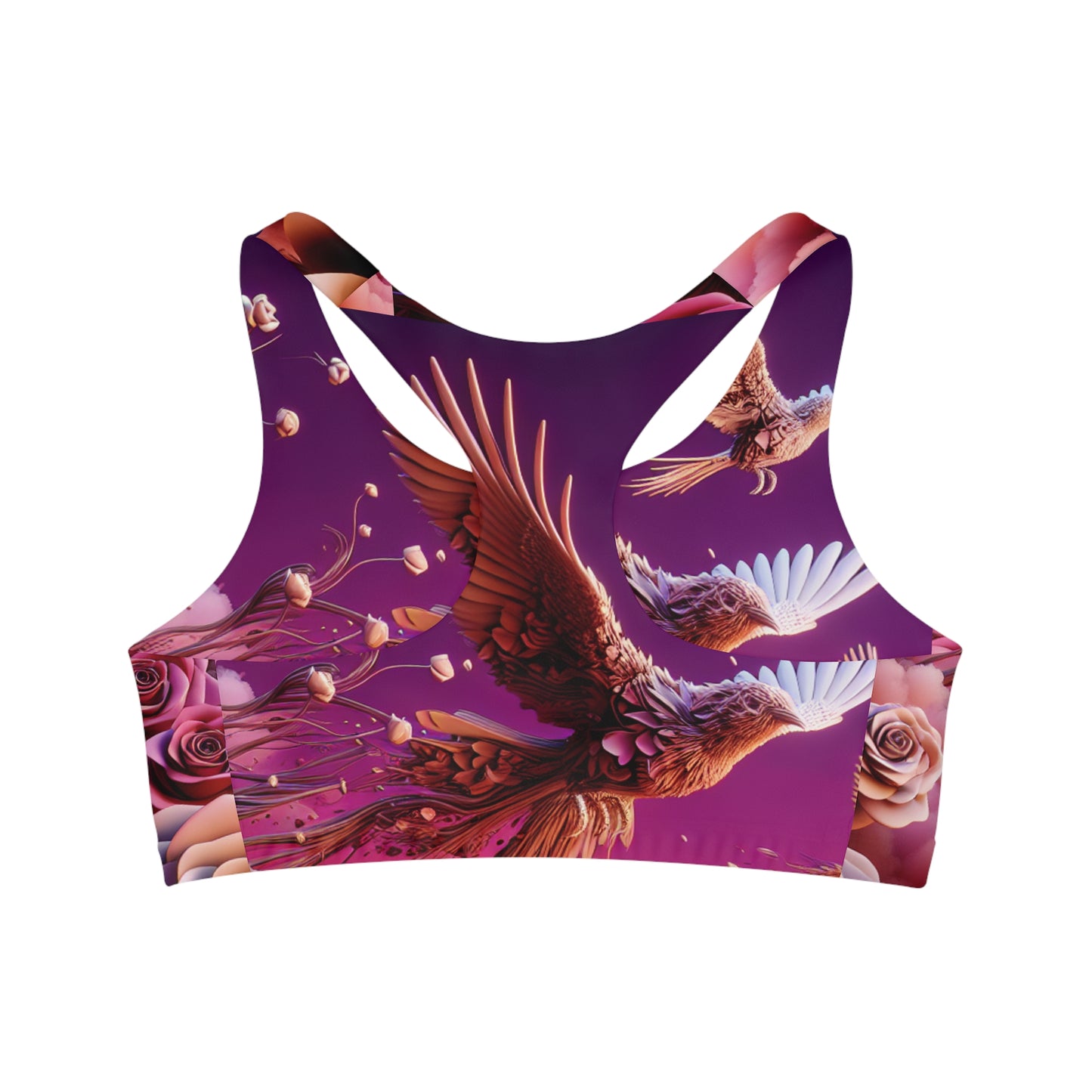 R&RH Pink Flowery Birds Phoenix Seamless Sports Bra - Vibrant Yoga & Fitness Activewear