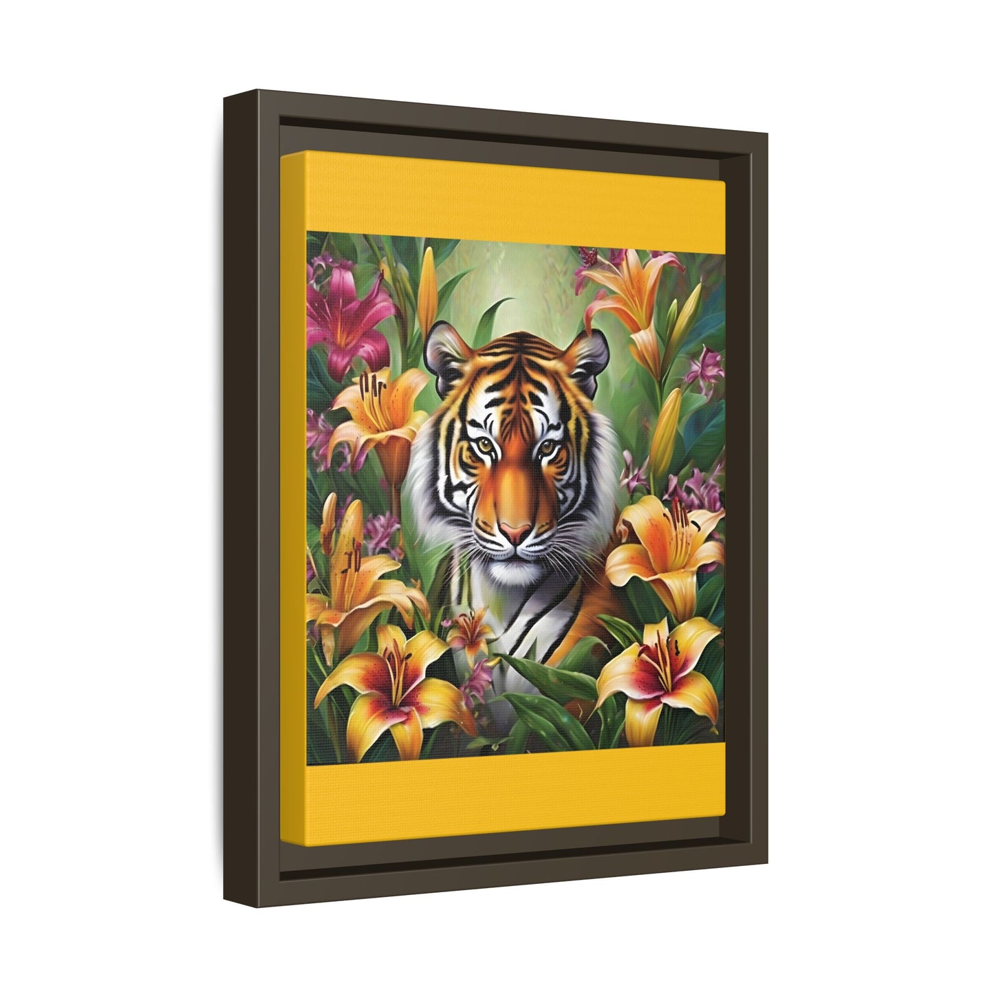 Majestic Tiger Framed Matte Canvas Art - Vibrant Floral Decor