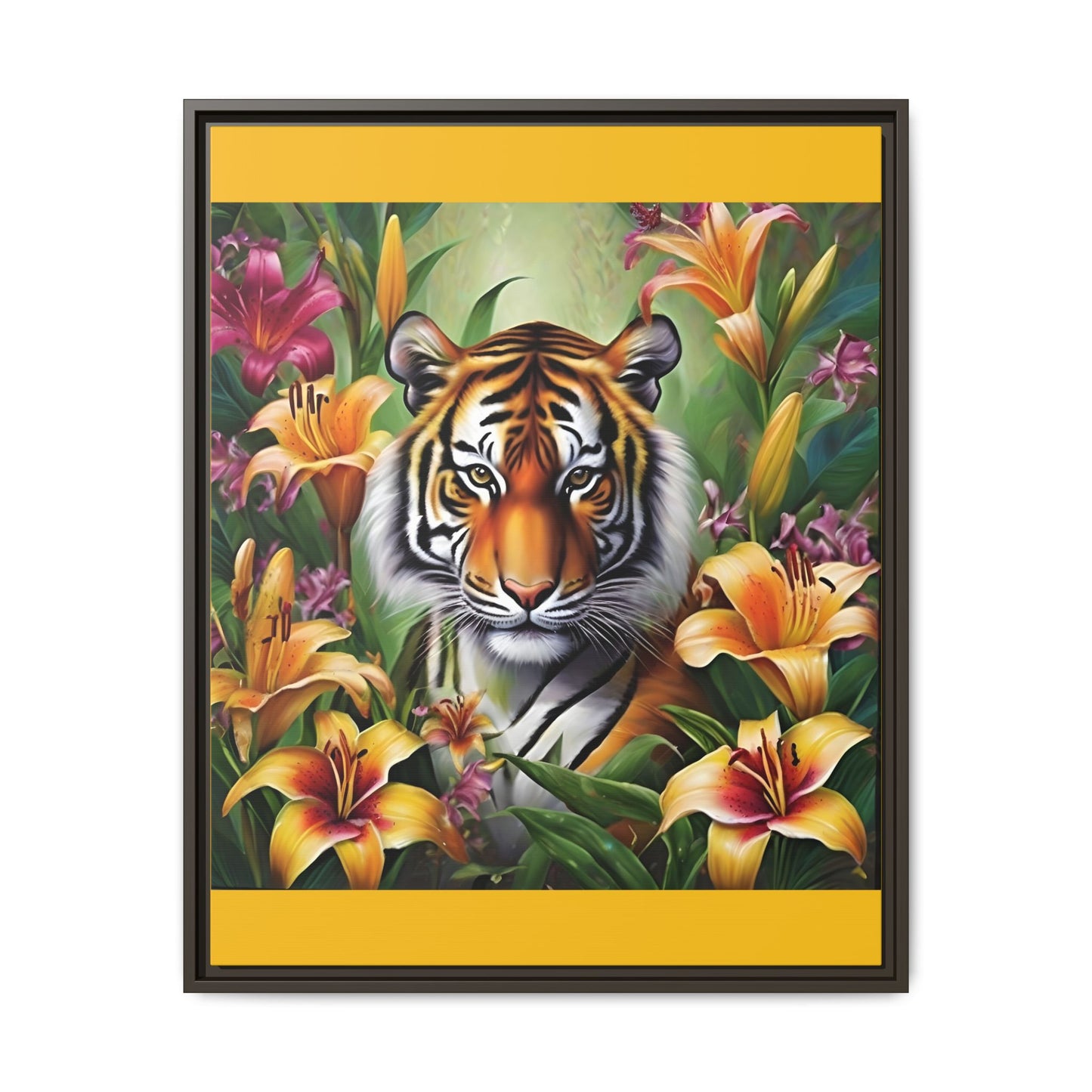 Majestic Tiger Framed Matte Canvas Art - Vibrant Floral Decor