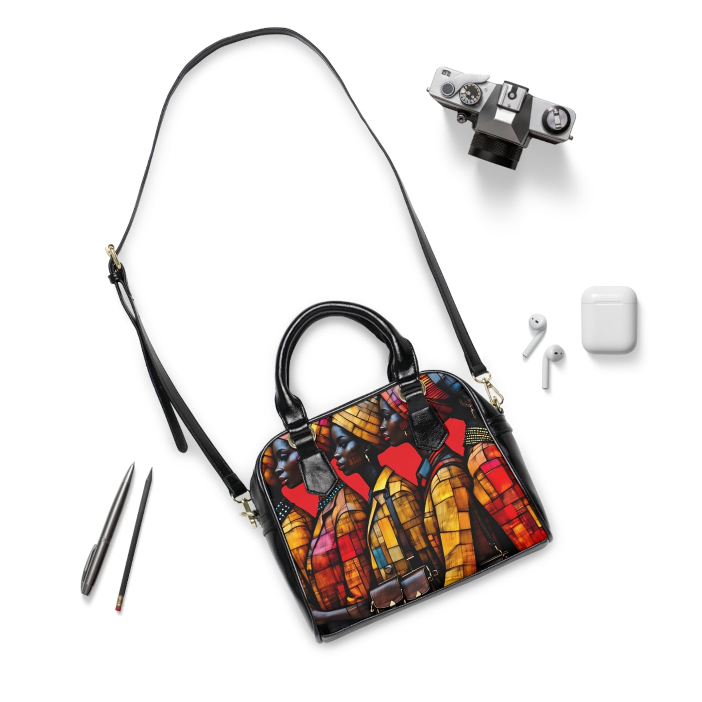 R&RH Vibrant African Art Womens Black Multi Shoulder Handbag - Stylish and Unique Tote for Cultural Enthusiasts