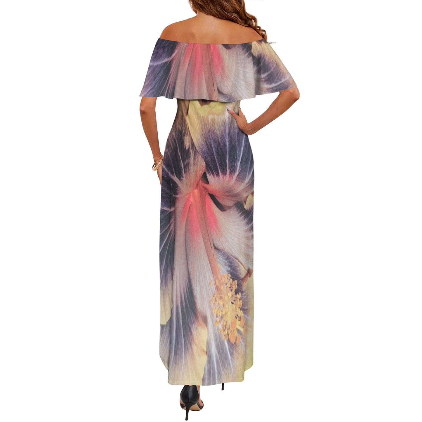 R&RH Off Shoulder Exotic Flower Dress Women's Off Shoulder Ruffle Boat Neck Dress (Model D71)