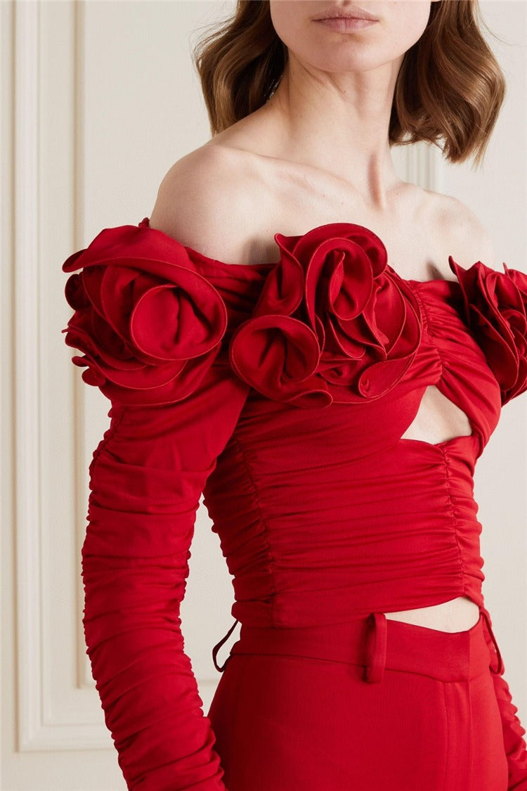 Red Rose Blossom Pleated Off Shoulder Long Sleeve Vintage Blouse