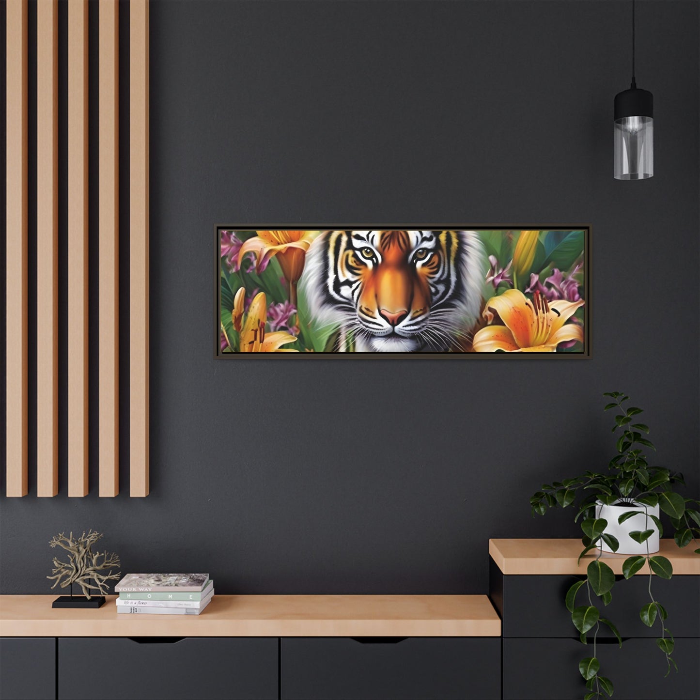 Majestic Tiger Framed Matte Canvas Art - Vibrant Floral Decor