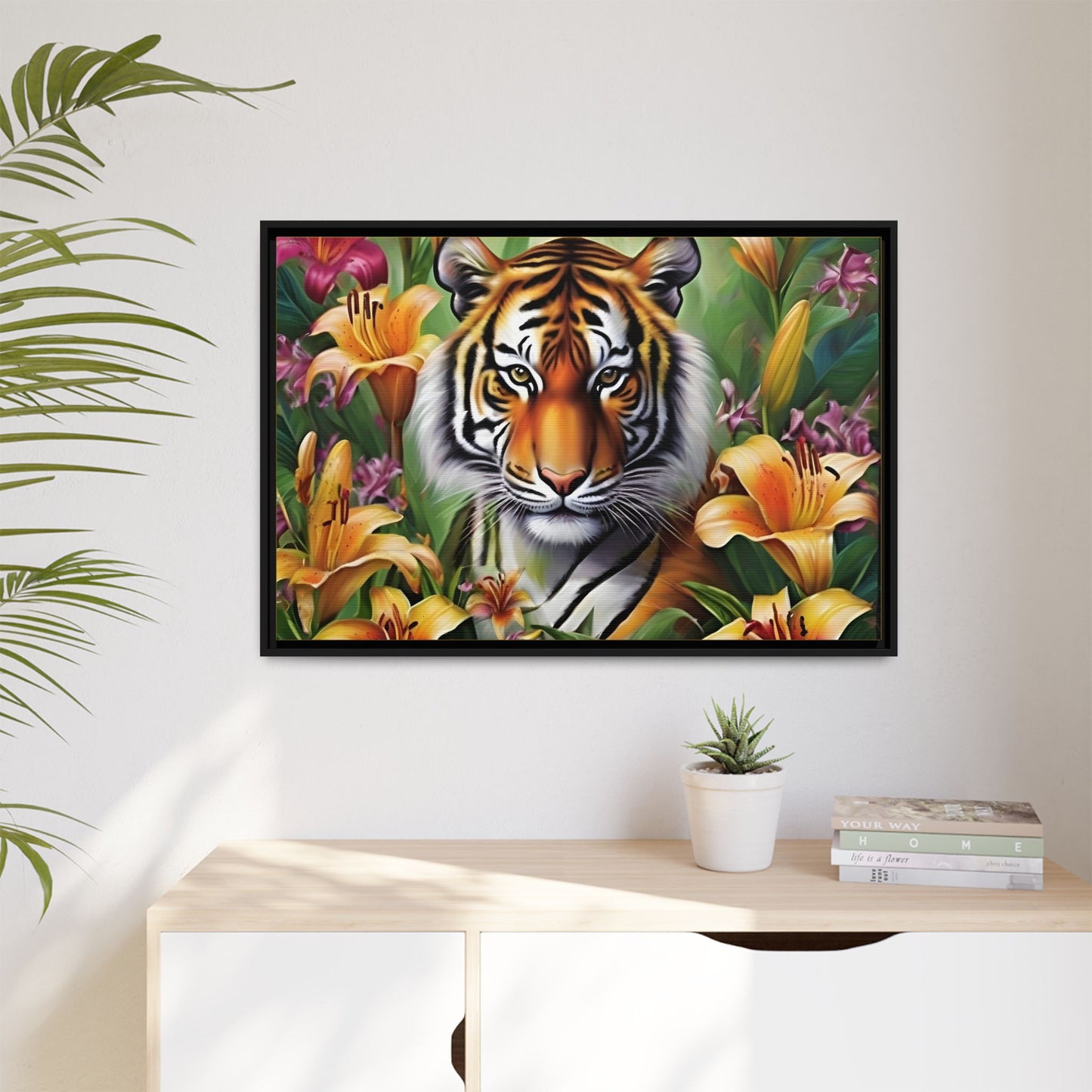 Majestic Tiger Framed Matte Canvas Art - Vibrant Floral Decor