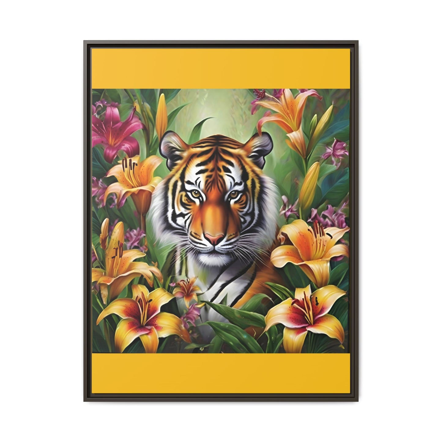 Majestic Tiger Framed Matte Canvas Art - Vibrant Floral Decor