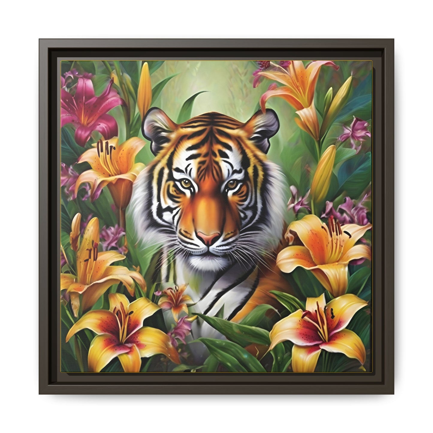 Majestic Tiger Framed Matte Canvas Art - Vibrant Floral Decor