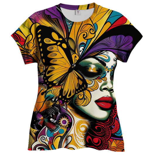 R&RH Mustard Yellow Vibrant Butterfly Women's T-Shirt - Artistic Graphic Tee for Nature Lovers