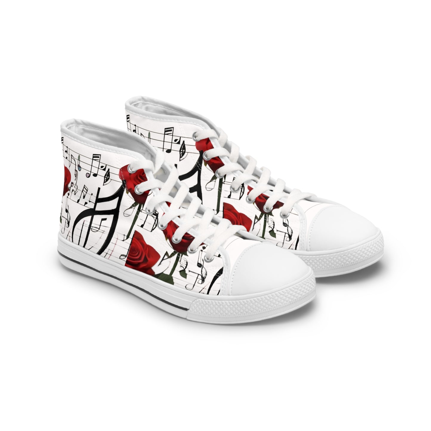 R&RH Elegant Music Note High Top White Sneakers with Rose Design