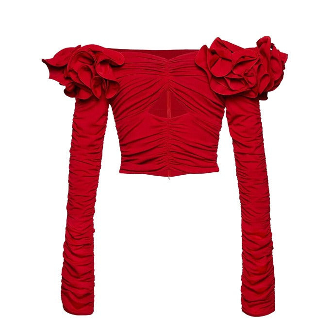 Red Rose Blossom Pleated Off Shoulder Long Sleeve Vintage Blouse