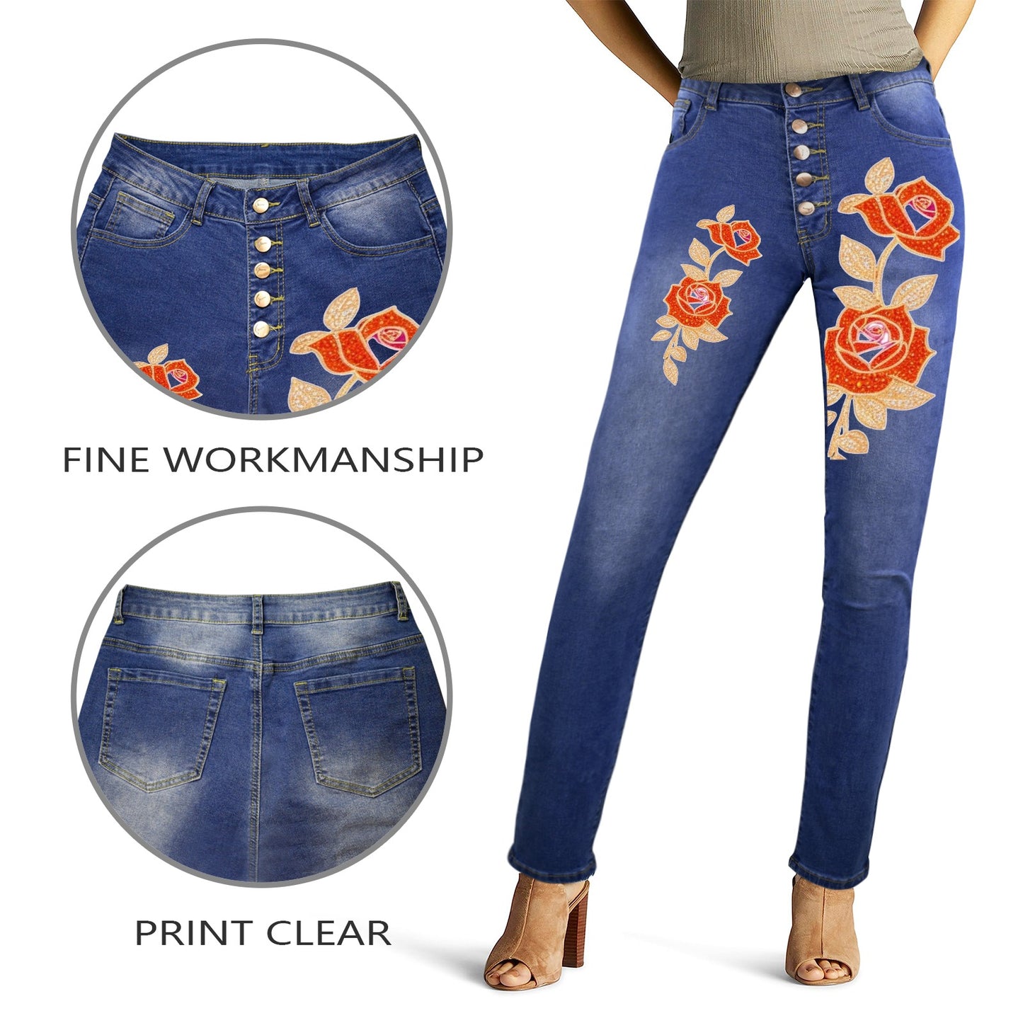 R&RH Womens Orange Rose Button Front Jeans Women's Jeans