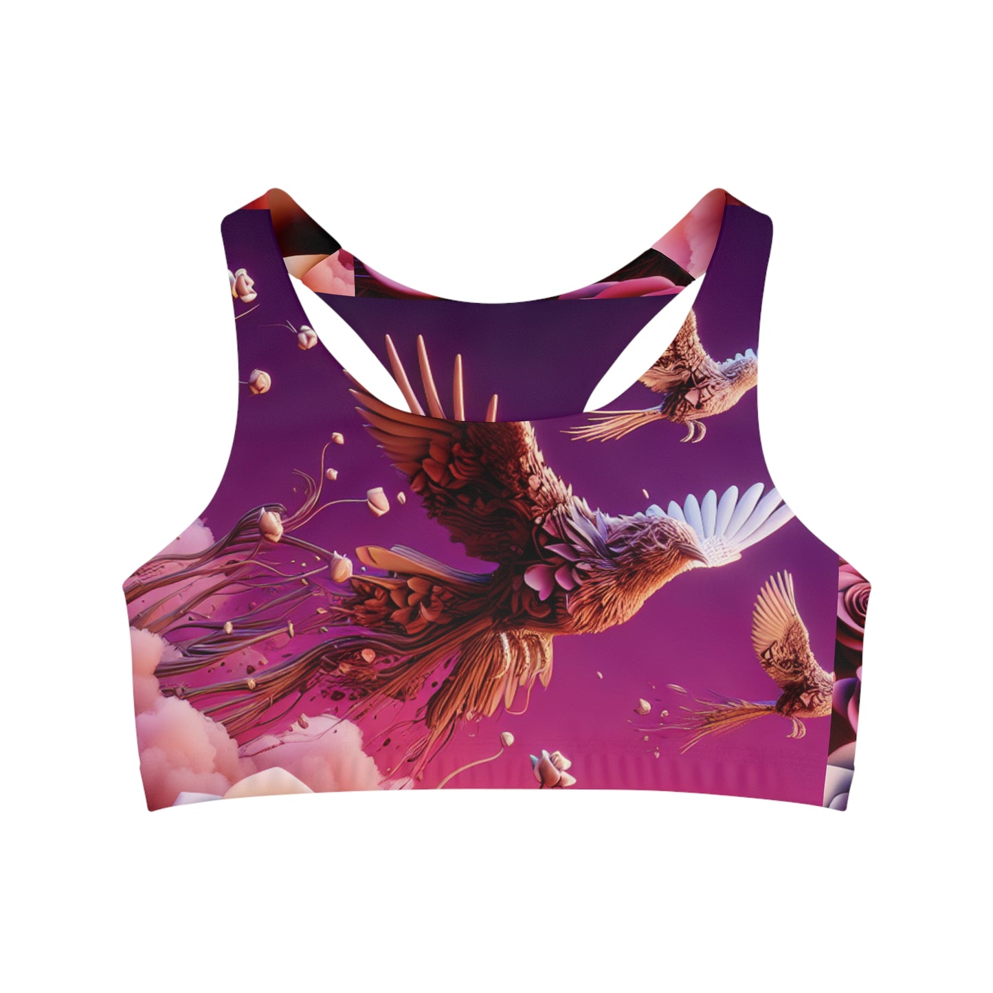 R&RH Pink Flowery Birds Phoenix Seamless Sports Bra - Vibrant Yoga & Fitness Activewear