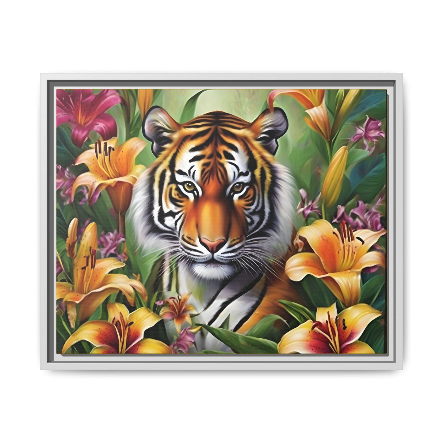 Majestic Tiger Framed Matte Canvas Art - Vibrant Floral Decor