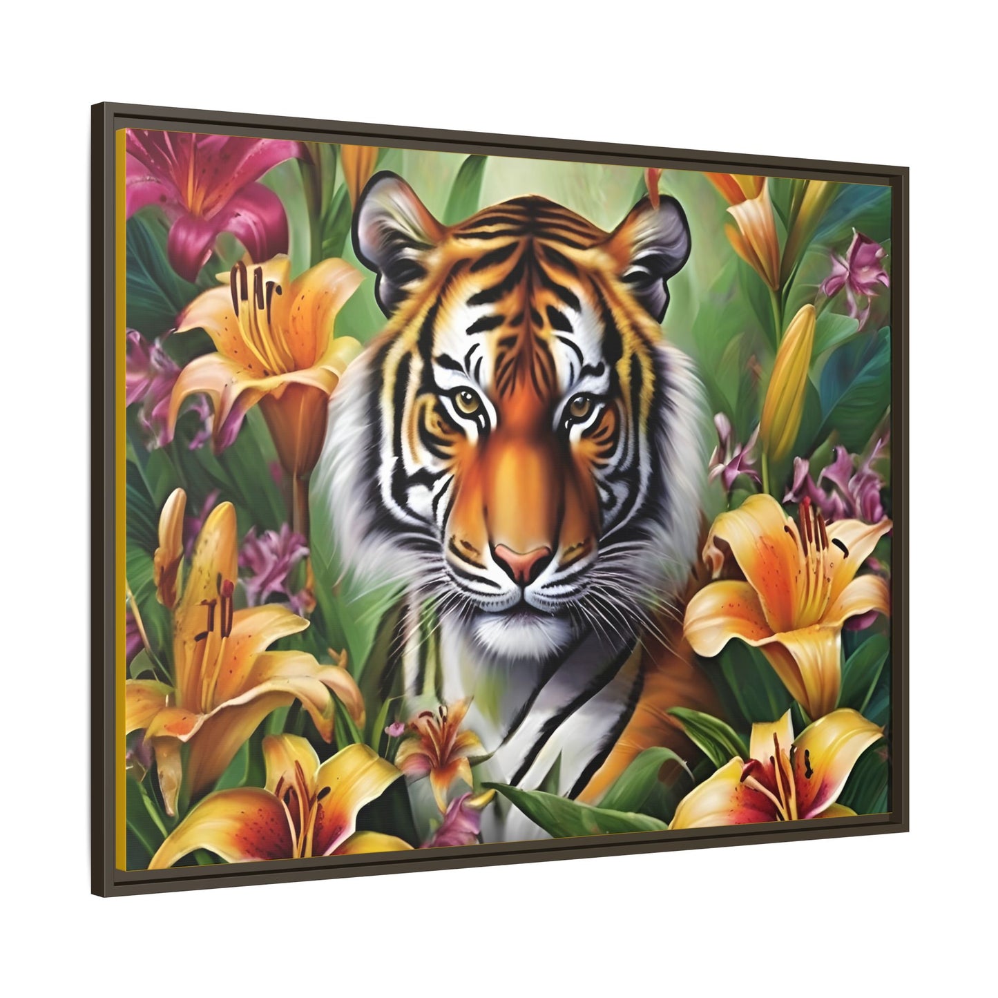 Majestic Tiger Framed Matte Canvas Art - Vibrant Floral Decor