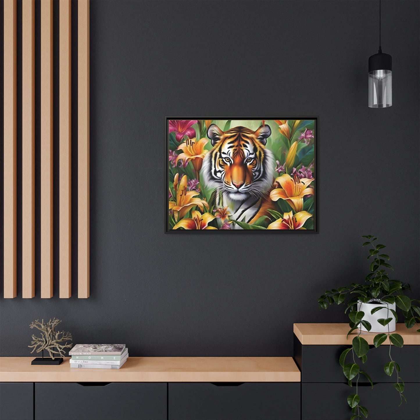 Majestic Tiger Framed Matte Canvas Art - Vibrant Floral Decor