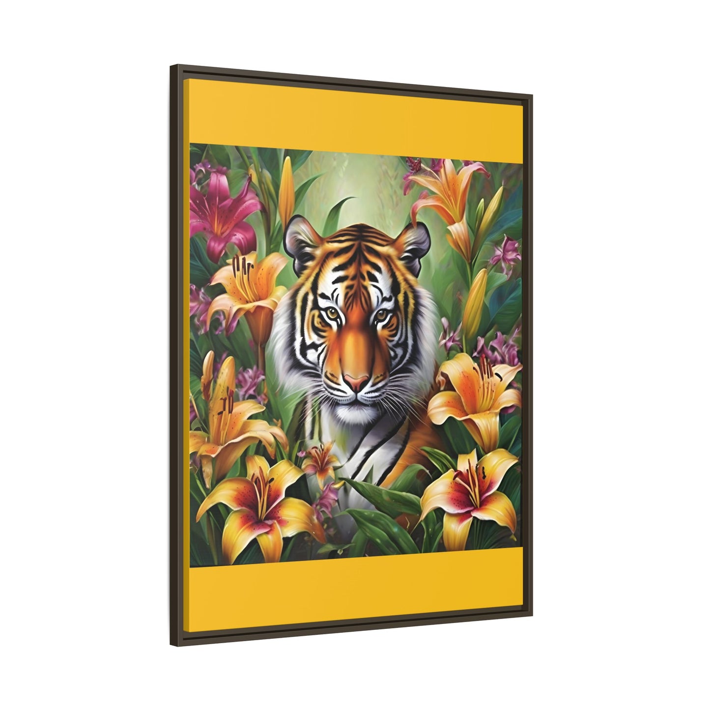 Majestic Tiger Framed Matte Canvas Art - Vibrant Floral Decor